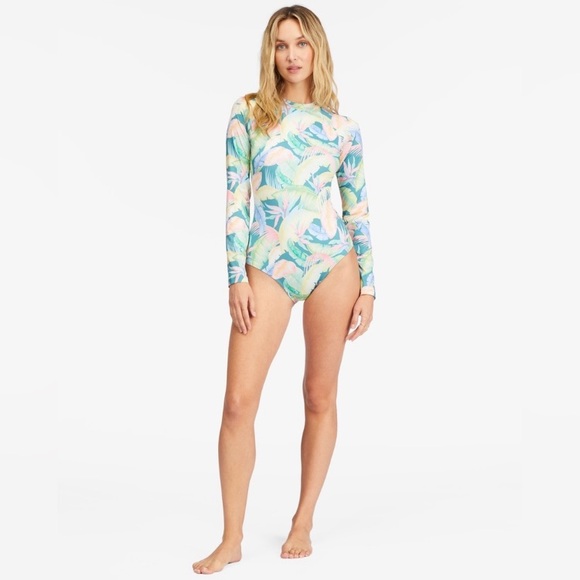 Billabong Rides and Tides Tropical Long Sleeve Surf Bodysuit Rashguard One Piece - Picture 2 of 7